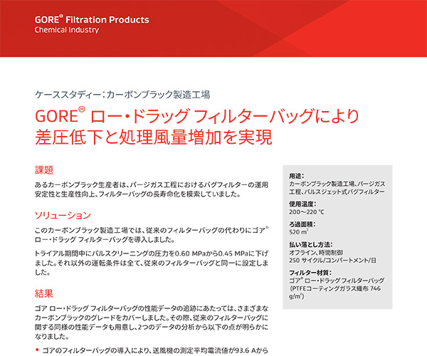 ケーススタディー：カーボンブラック製造工場、GORE? ロー?ドラッグ フィルターバッグにより差圧低下と処理風量増加を実現